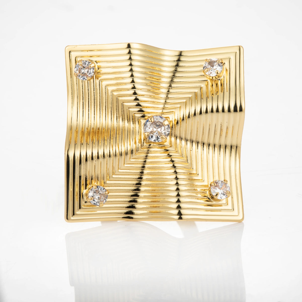 Square Statement gold-plated brass open ring on white background