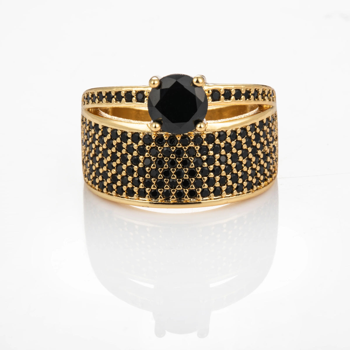 Black Pave gold-plated brass open ring on white background