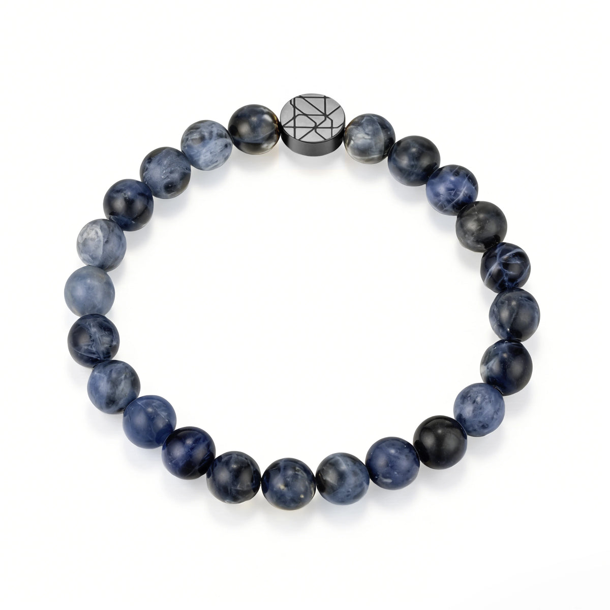 Blue-Gray bracelet featuring mottled blue-gray round beads and a patterned metal accent, shown on a white background.