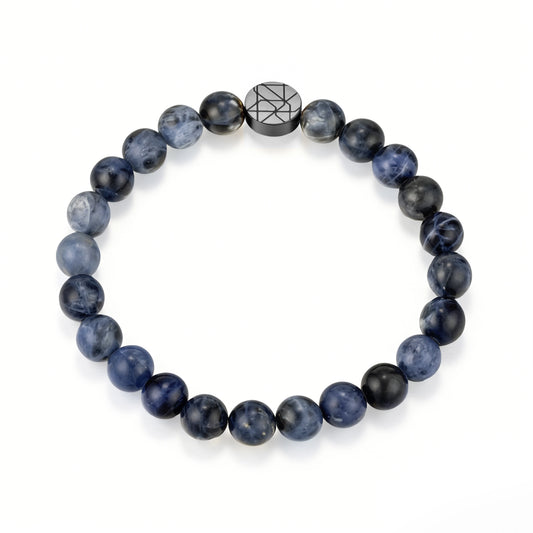 Blue-Gray bracelet featuring mottled blue-gray round beads and a patterned metal accent, shown on a white background.