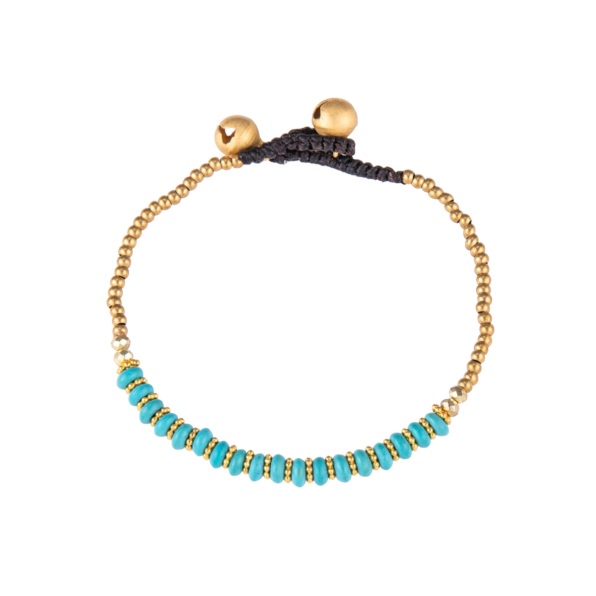 Blue bracelet featuring a single row of small stone beads with gold-tone details and a sliding cord closure, shown on a white background.