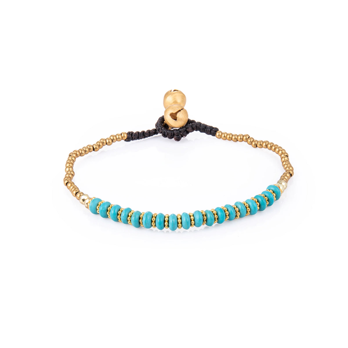 Blue bracelet featuring a single row of small stone beads with gold-tone details and a sliding cord closure, shown on a white background.