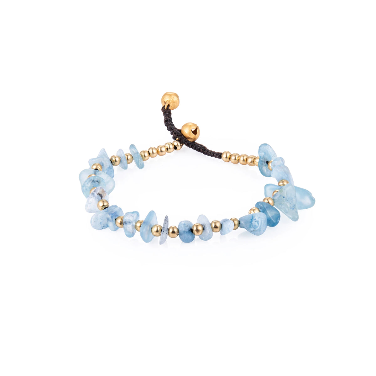 Blue bracelet featuring irregular natural stone chips with gold-tone details and a sliding cord closure, shown on a white background.