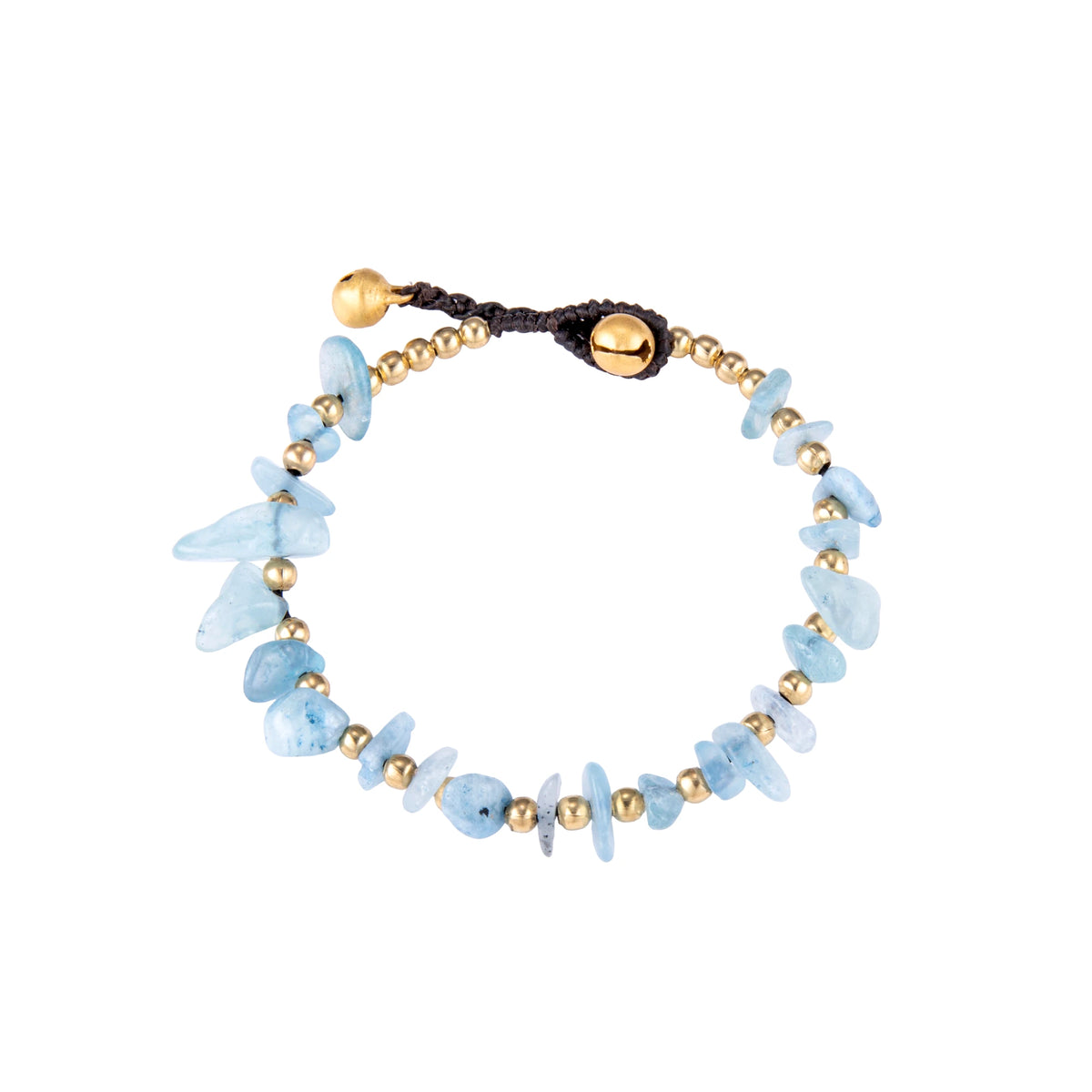 Blue bracelet featuring irregular natural stone chips with gold-tone details and a sliding cord closure, shown on a white background.