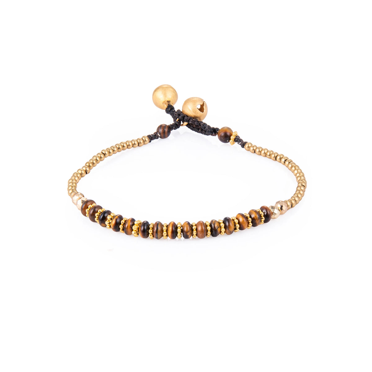 Brown bracelet featuring a single row of small stone beads with gold-tone details and a sliding cord closure, shown on a white background.
