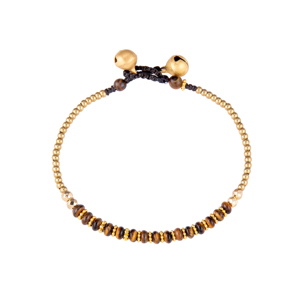 Brown bracelet featuring a single row of small stone beads with gold-tone details and a sliding cord closure, shown on a white background.