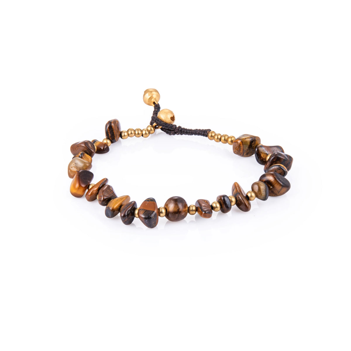Brown bracelet featuring irregular natural stone chips with gold-tone details and a sliding cord closure, shown on a white background.