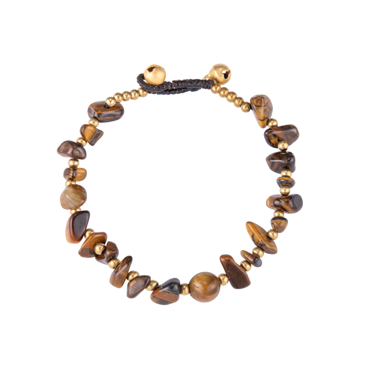 Brown bracelet featuring irregular natural stone chips with gold-tone details and a sliding cord closure, shown on a white background.