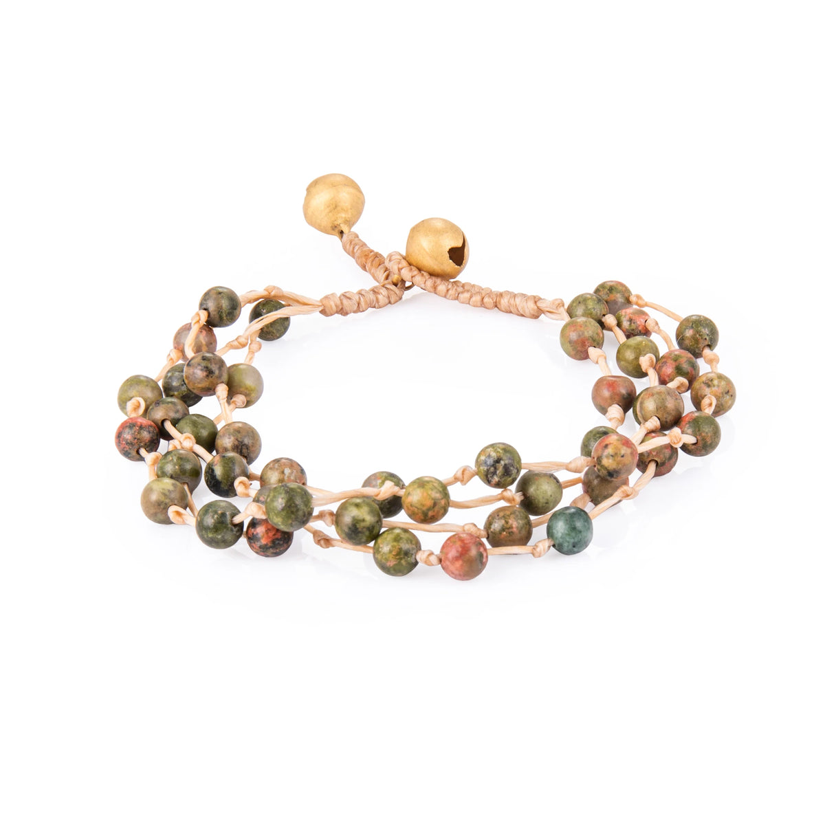 Earth bracelet featuring multiple strands of round natural stone beads and braided cord, shown on a white background.