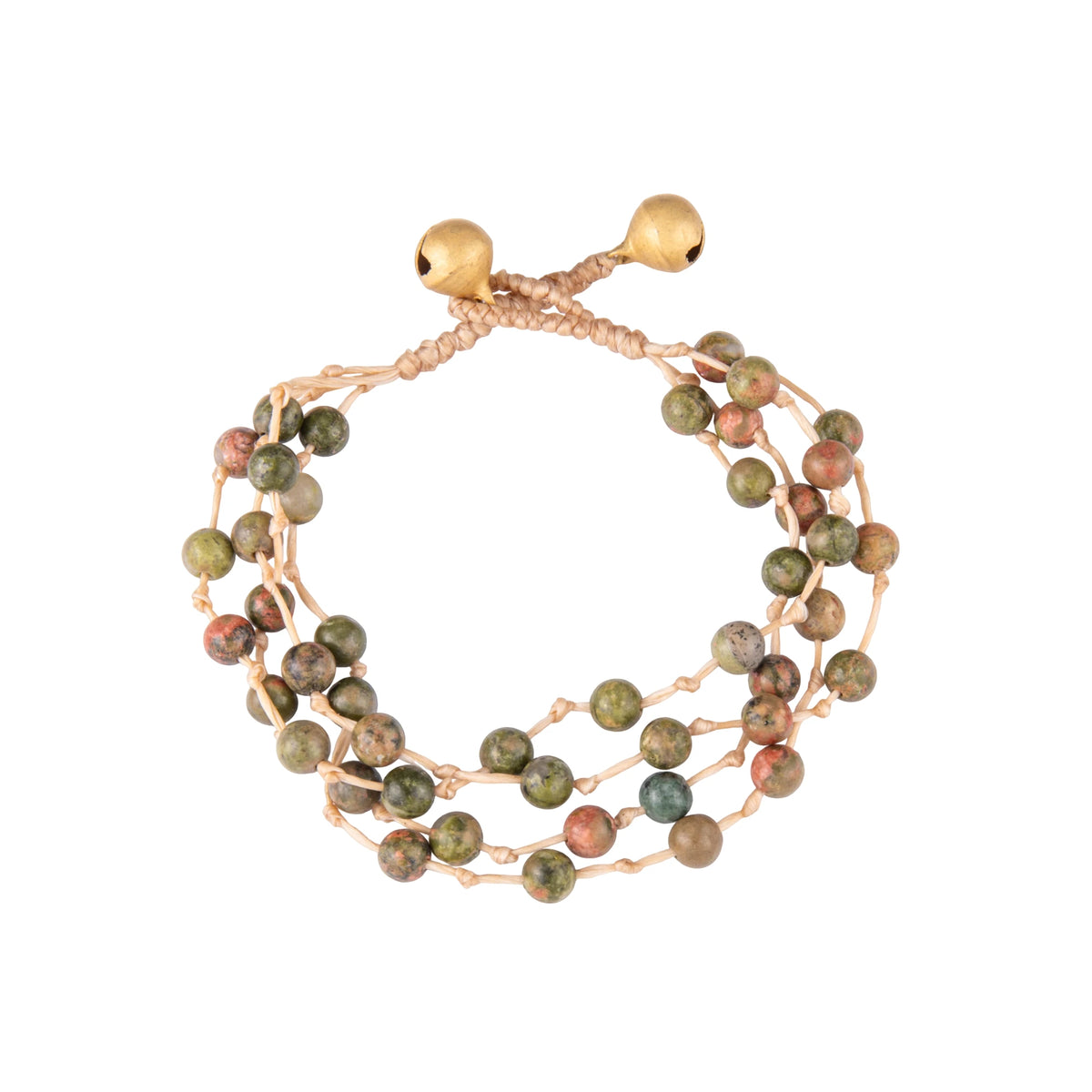 Earth bracelet featuring multiple strands of round natural stone beads and braided cord, shown on a white background.