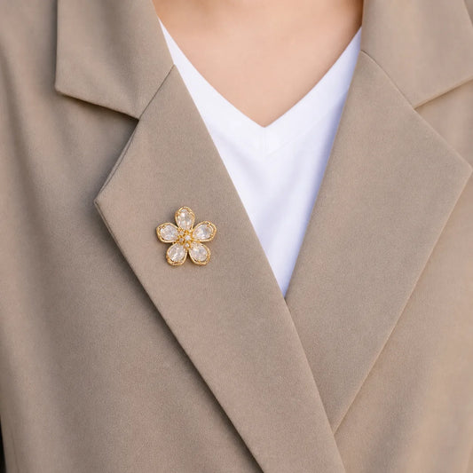 Crystal Flower Lapel Pin Brooch – Gold Tone