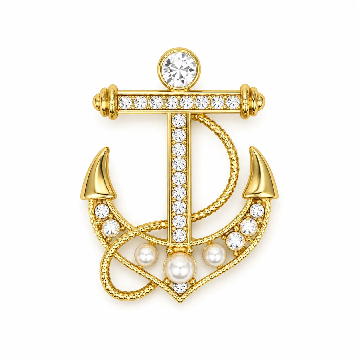 Pearl & Crystal Anchor Brooch – Gold Tone