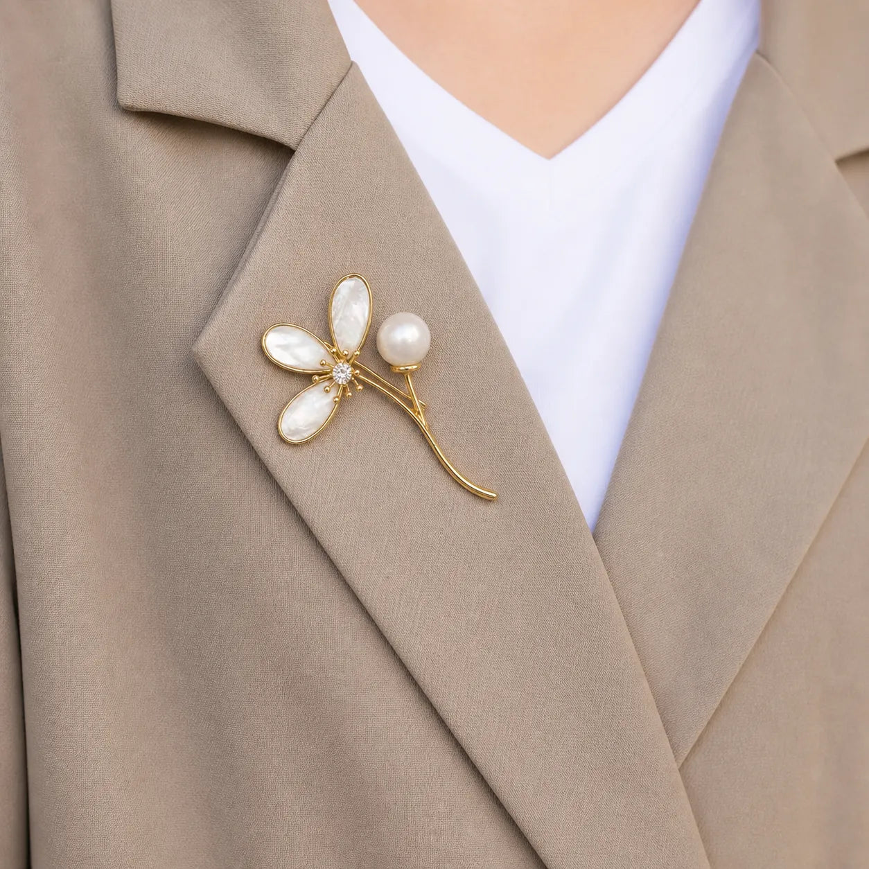 Mother-of-Pearl Dragonfly Brooch with Pearl Accent