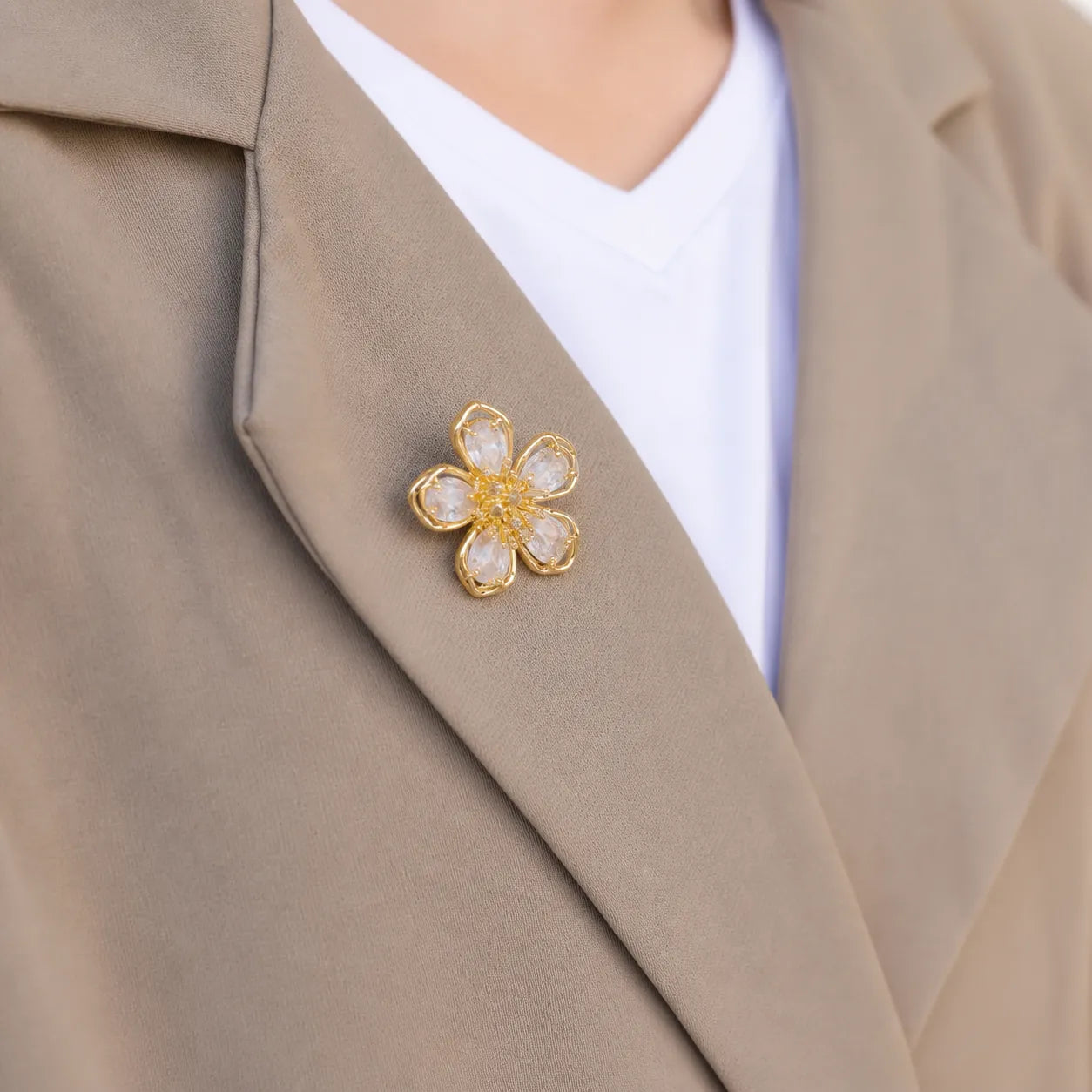 Crystal Flower Lapel Pin Brooch – Gold Tone