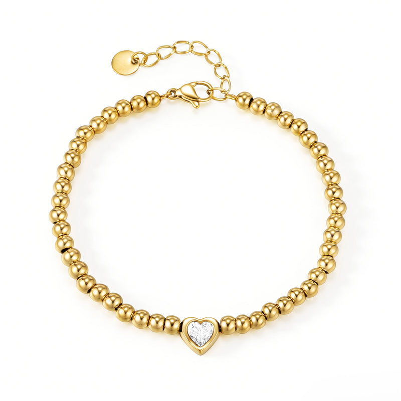 Gold-Plated Stainless Steel Beaded Heart Bracelet
