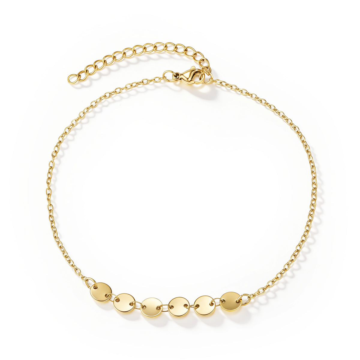 Gold bracelet featuring a central row of small polished discs on a fine chain, shown on a white background.
