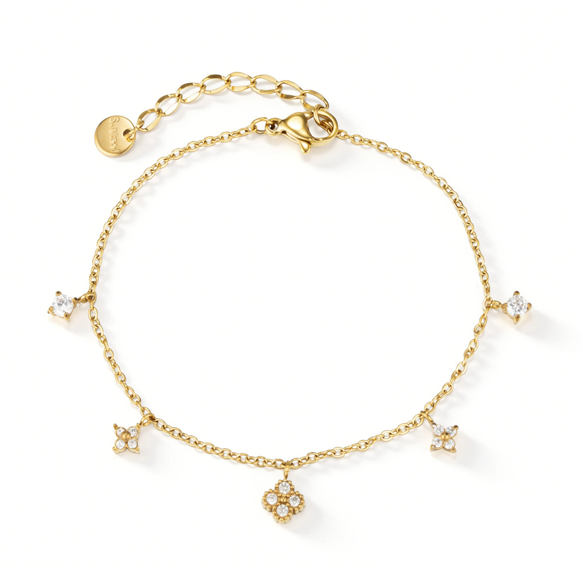 Gold bracelet featuring dangling flower-shaped accents with clear details, shown on a white background.