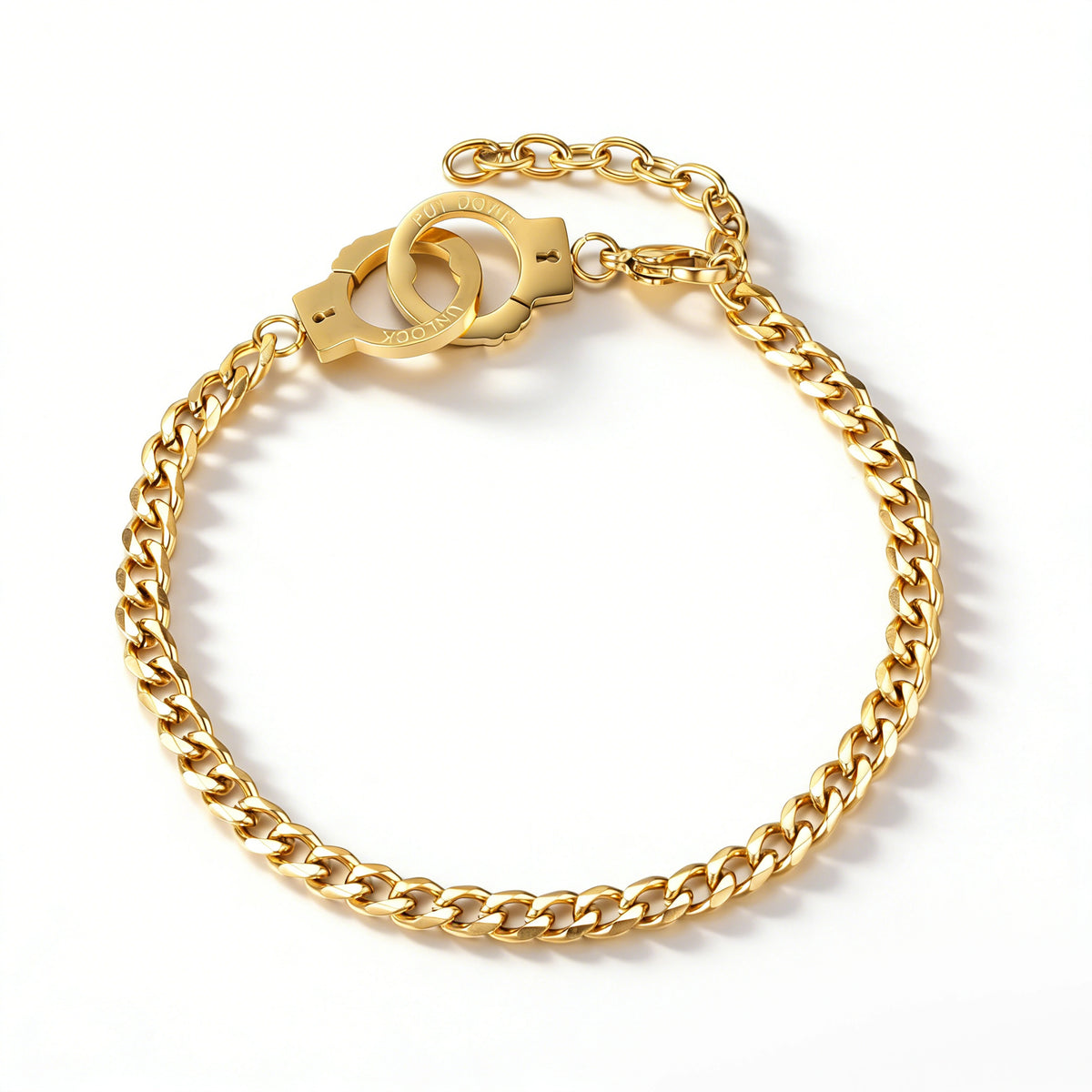 Gold bracelet featuring a curb-link chain with a paired handcuff-shaped connector, shown on a white background.