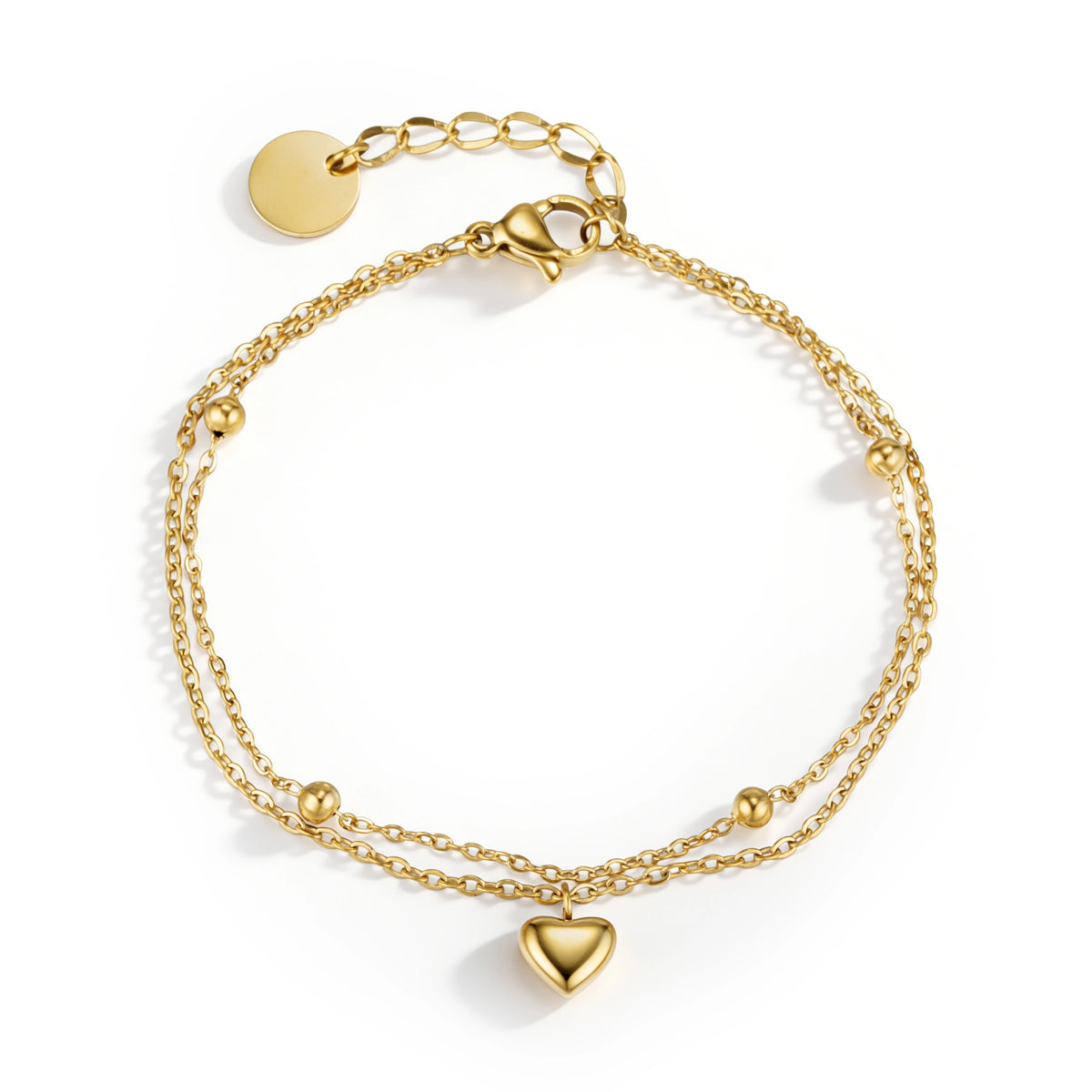 Gold bracelet featuring fine layered chains, small bead details and a heart charm, shown on a white background.