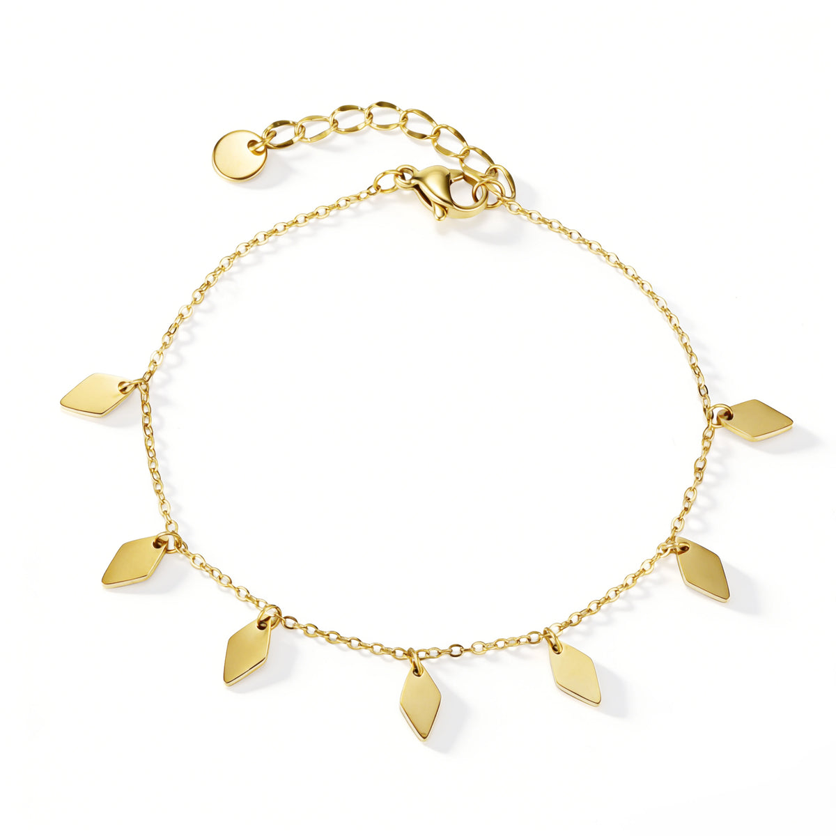 Gold bracelet featuring flat leaf-shaped drops along a fine chain, shown on a white background.