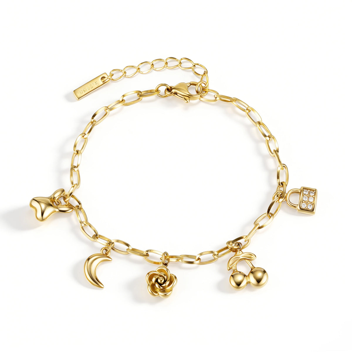 Gold bracelet featuring an elongated-link chain with crescent, rose, cherry and lock motifs, shown on a white background.