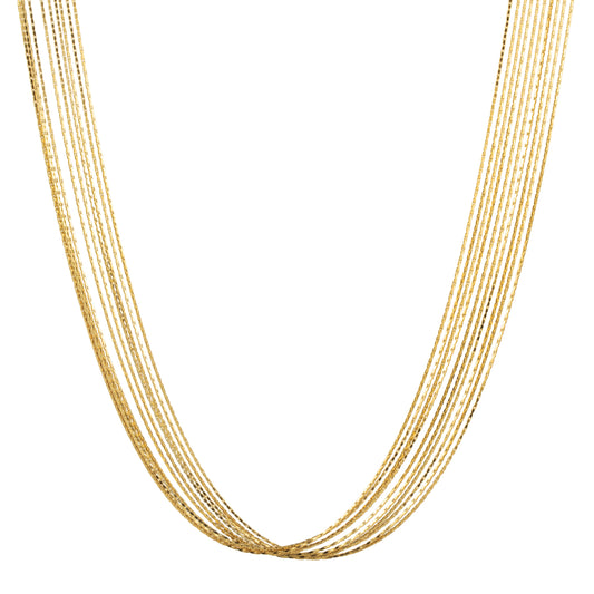 Gold necklace featuring multiple fine gold-tone chains arranged in a layered drape, shown on a white background.