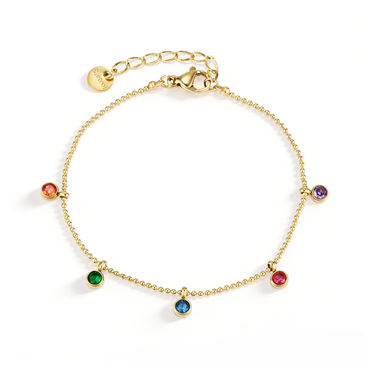 Gold and Multicolor bracelet featuring red, green, blue and purple round drop accents, shown on a white background.
