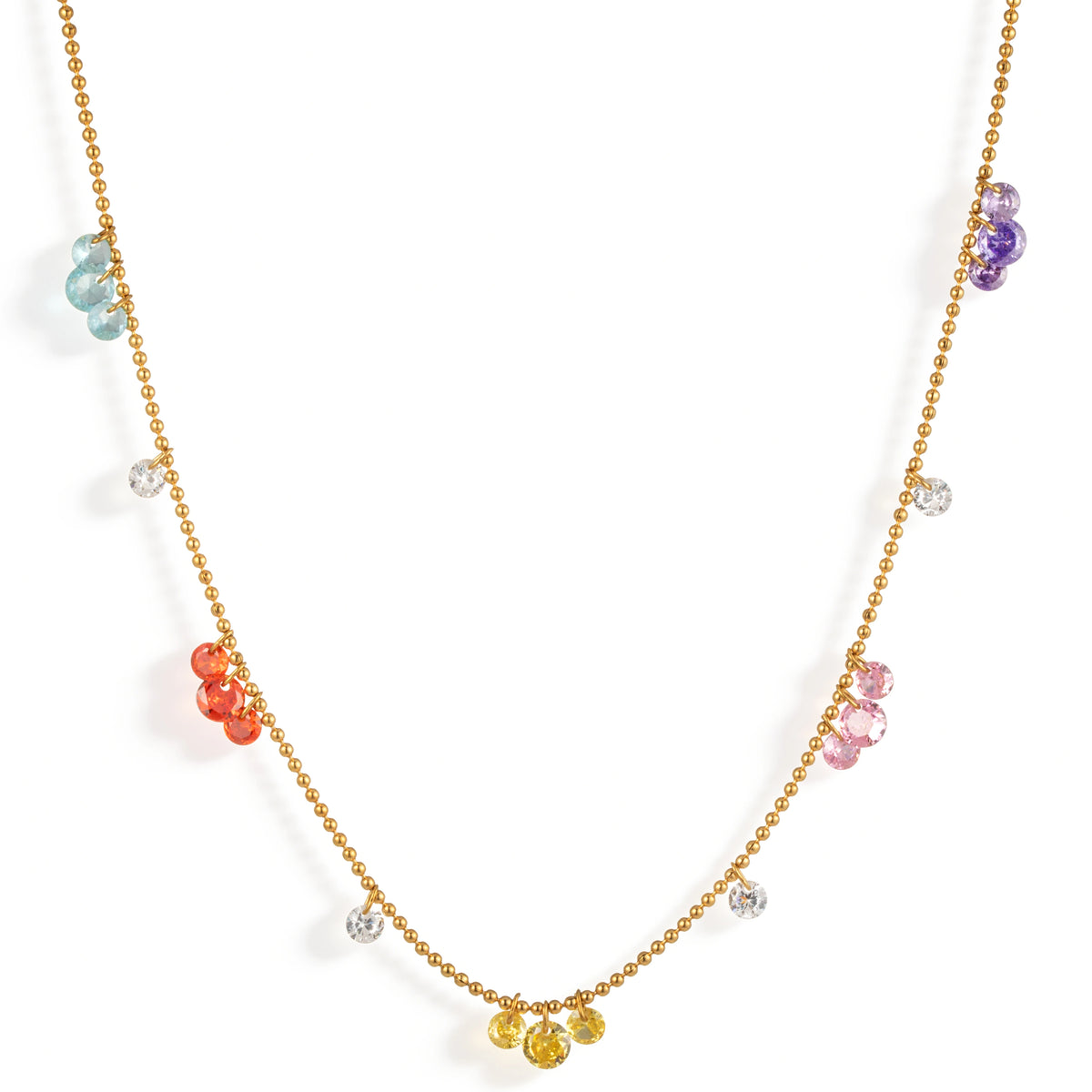 Gold and Multicolor necklace featuring colorful flower-shaped drops with clear round accents, shown on a white background.