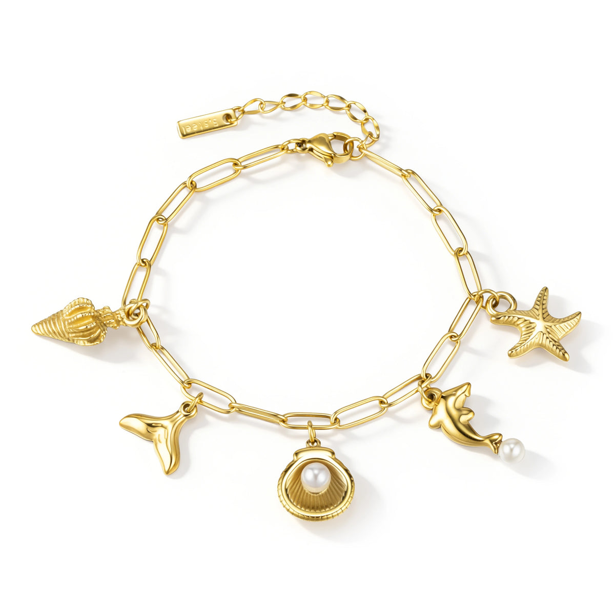 Gold bracelet featuring an elongated-link chain with shell, starfish and sea-inspired charms, shown on a white background.