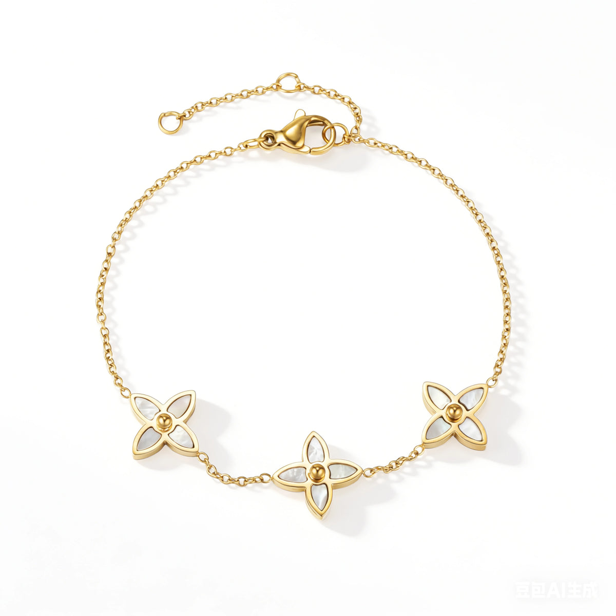Gold bracelet featuring three open four-petal motifs with contrasting light details, shown on a white background.