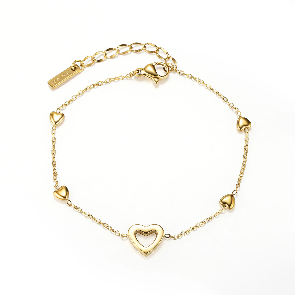Gold bracelet featuring an open-heart centerpiece with smaller heart stations, shown on a white background.