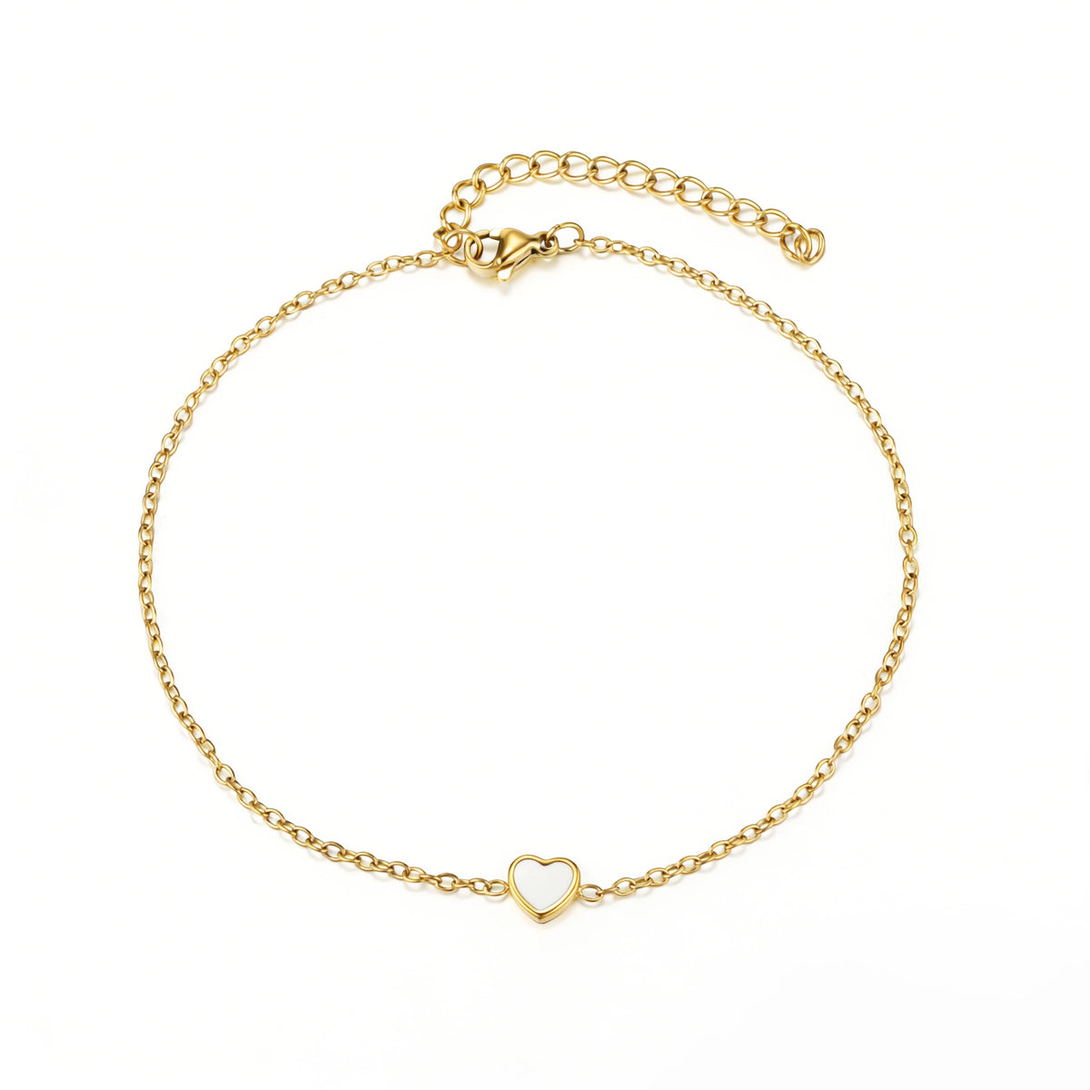 Gold bracelet featuring a small pale heart-shaped center on a fine chain, shown on a white background.