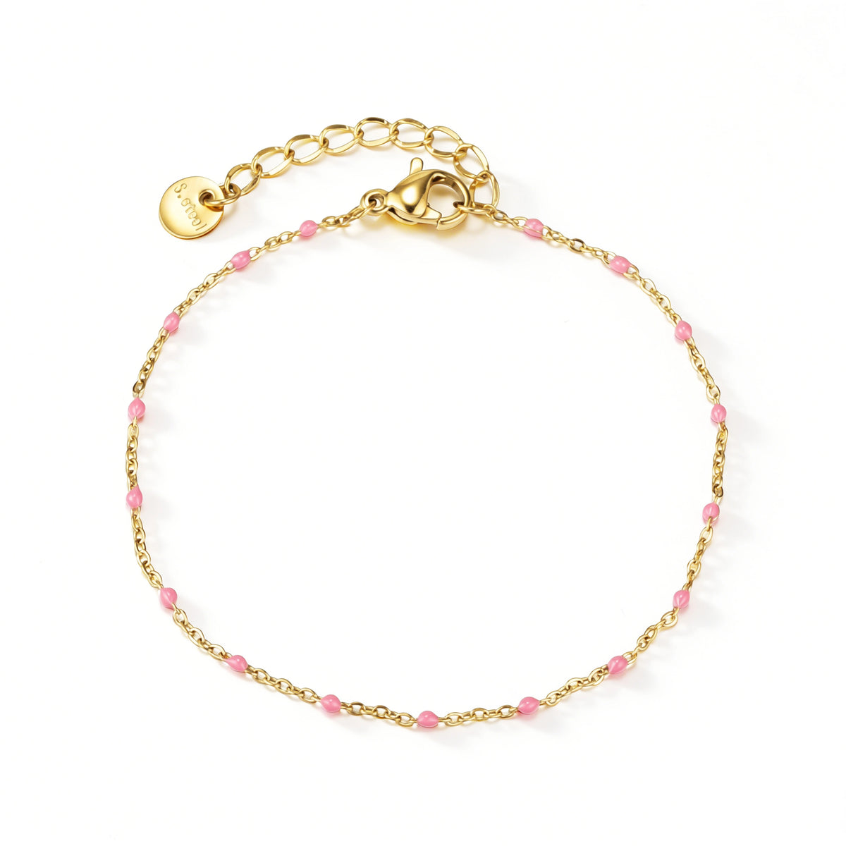 Gold and Pink bracelet featuring tiny pink beads spaced along a fine gold-tone chain, shown on a white background.