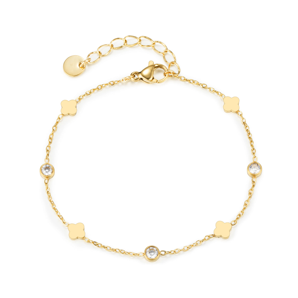 Gold bracelet featuring flat quatrefoil motifs alternating with clear round accents, shown on a white background.