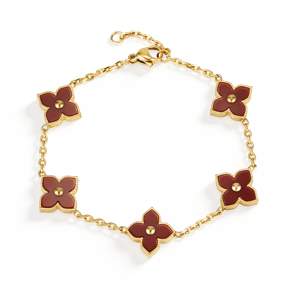 Gold and Red bracelet featuring five red four-petal flower motifs with gold-tone borders, shown on a white background.