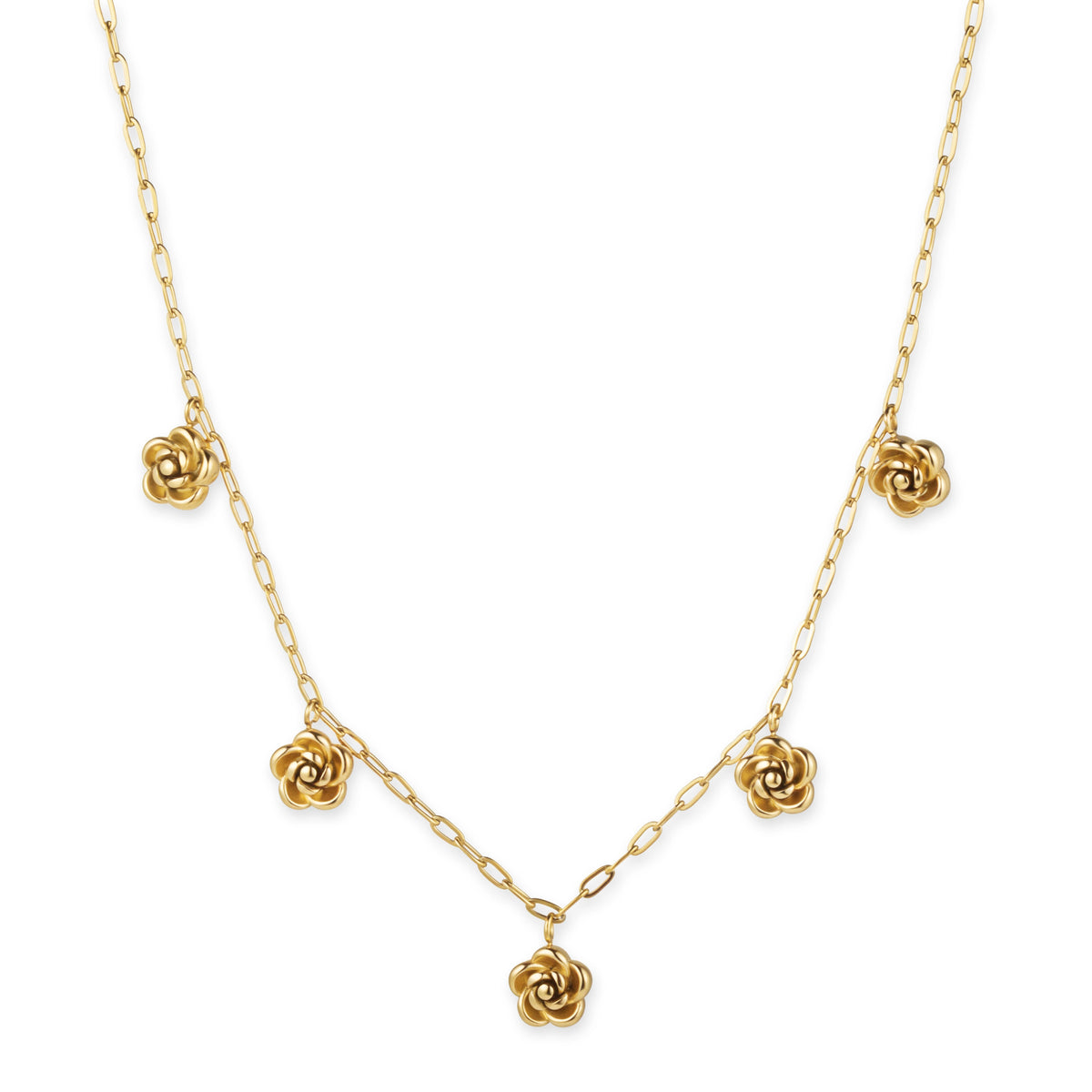 Gold necklace featuring sculpted rose charms spaced along an elongated-link chain, shown on a white background.