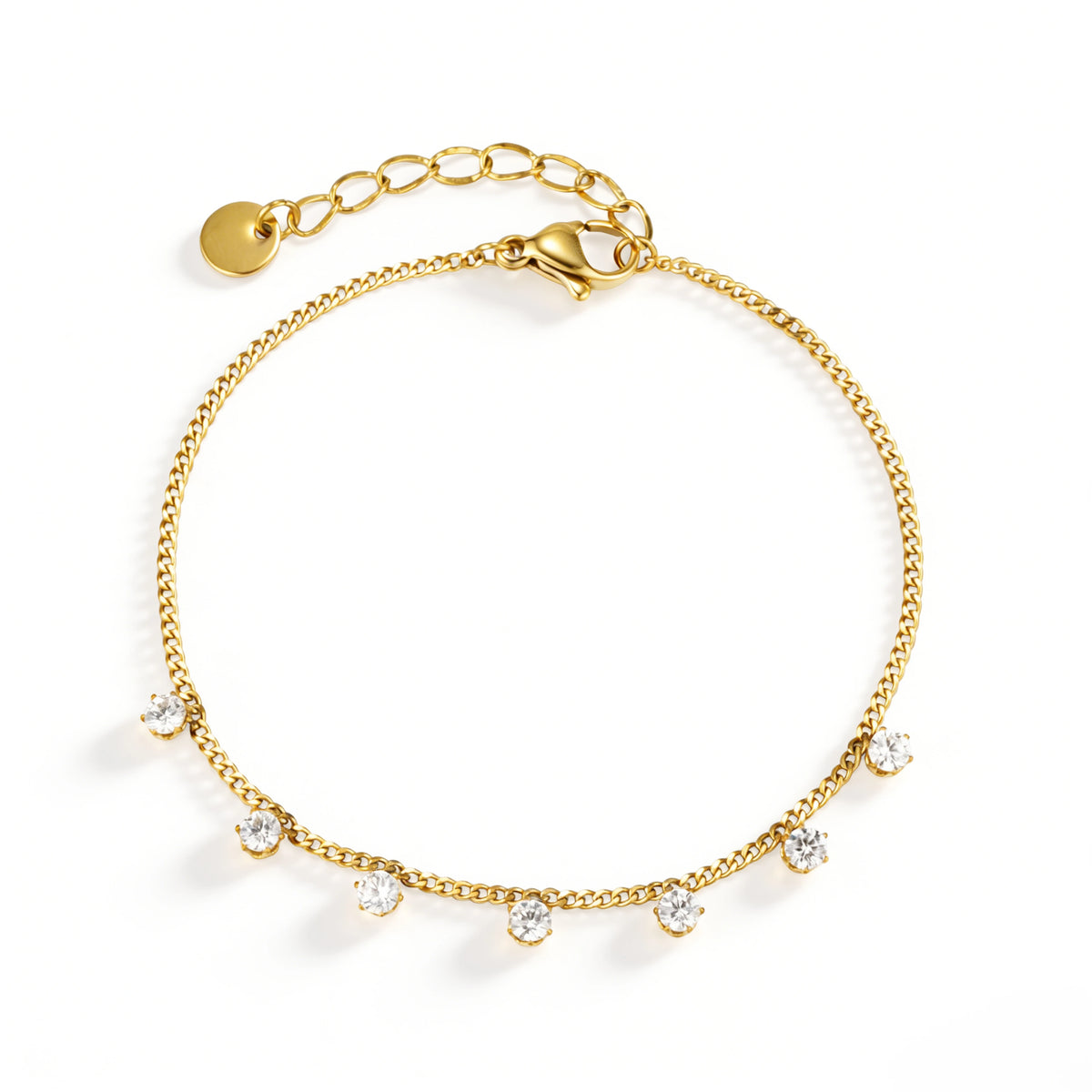 Gold bracelet featuring small clear round drops along a gold-tone chain, shown on a white background.