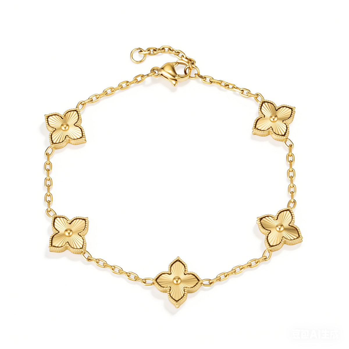 Gold bracelet featuring five gold-tone four-petal flower motifs with raised centers, shown on a white background.
