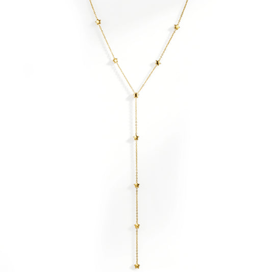 Gold necklace featuring small star stations and a long Y-shaped chain drop, shown on a white background.
