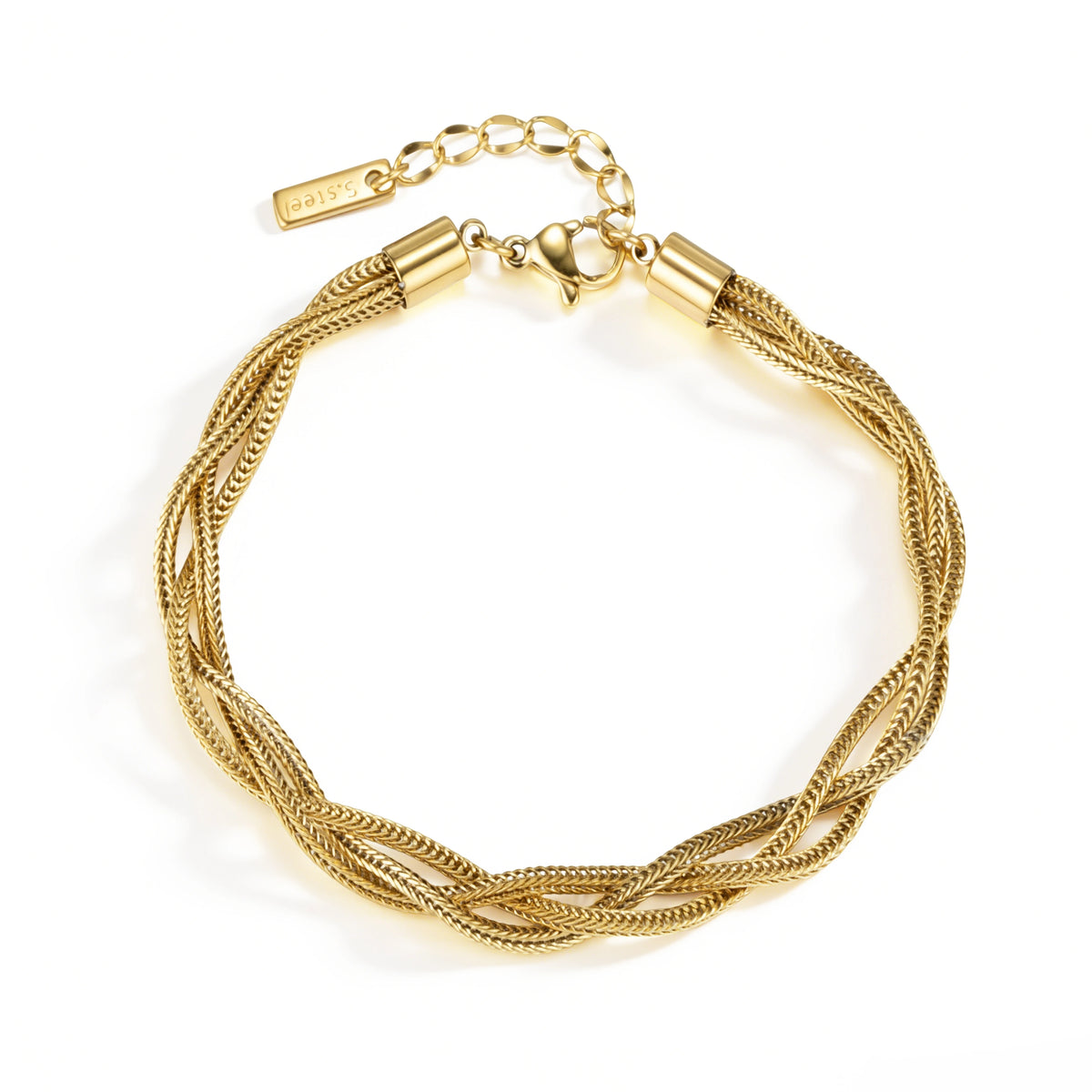 Gold bracelet featuring multiple fine strands twisted into a textured band, shown on a white background.