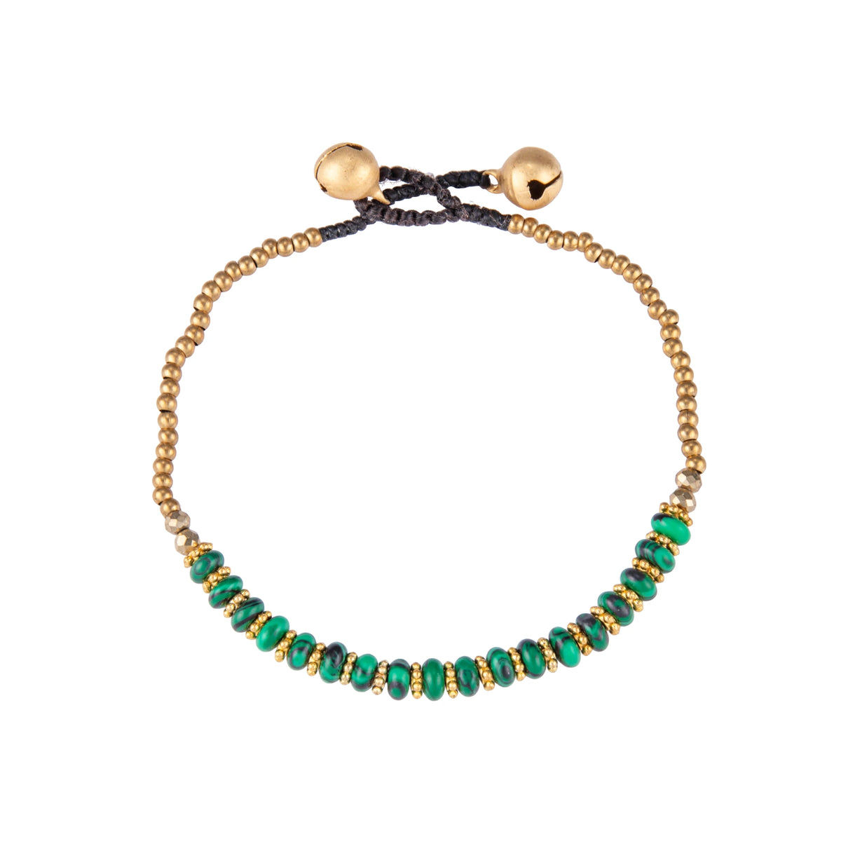 Green bracelet featuring a single row of small stone beads with gold-tone details and a sliding cord closure, shown on a white background.