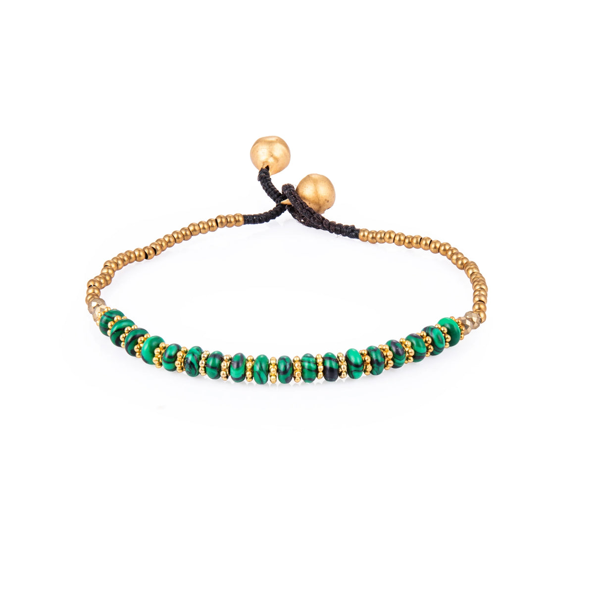 Green bracelet featuring a single row of small stone beads with gold-tone details and a sliding cord closure, shown on a white background.