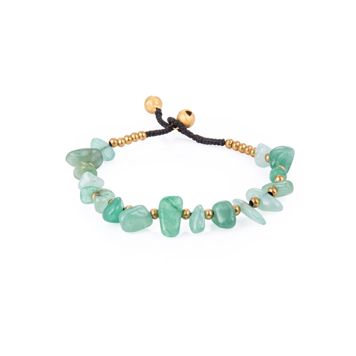 Green bracelet featuring irregular natural stone chips with gold-tone details and a sliding cord closure, shown on a white background.