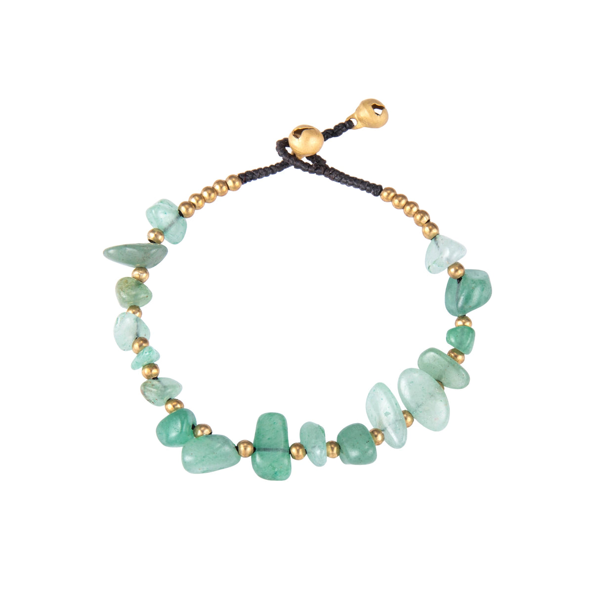 Green bracelet featuring irregular natural stone chips with gold-tone details and a sliding cord closure, shown on a white background.