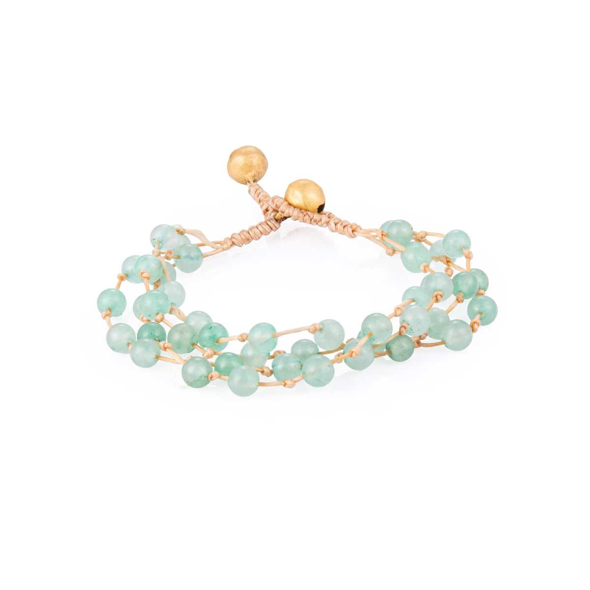 Mint bracelet featuring multiple strands of round natural stone beads and braided cord, shown on a white background.