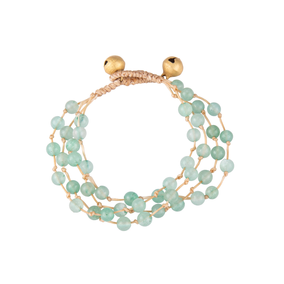 Mint bracelet featuring multiple strands of round natural stone beads and braided cord, shown on a white background.