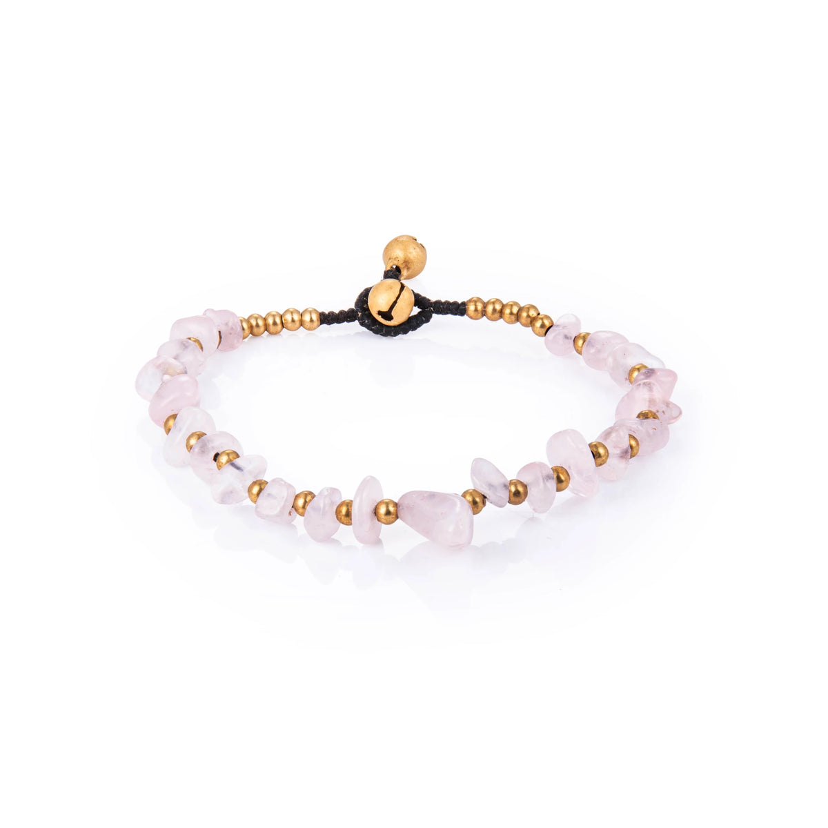 Pink bracelet featuring irregular natural stone chips with gold-tone details and a sliding cord closure, shown on a white background.