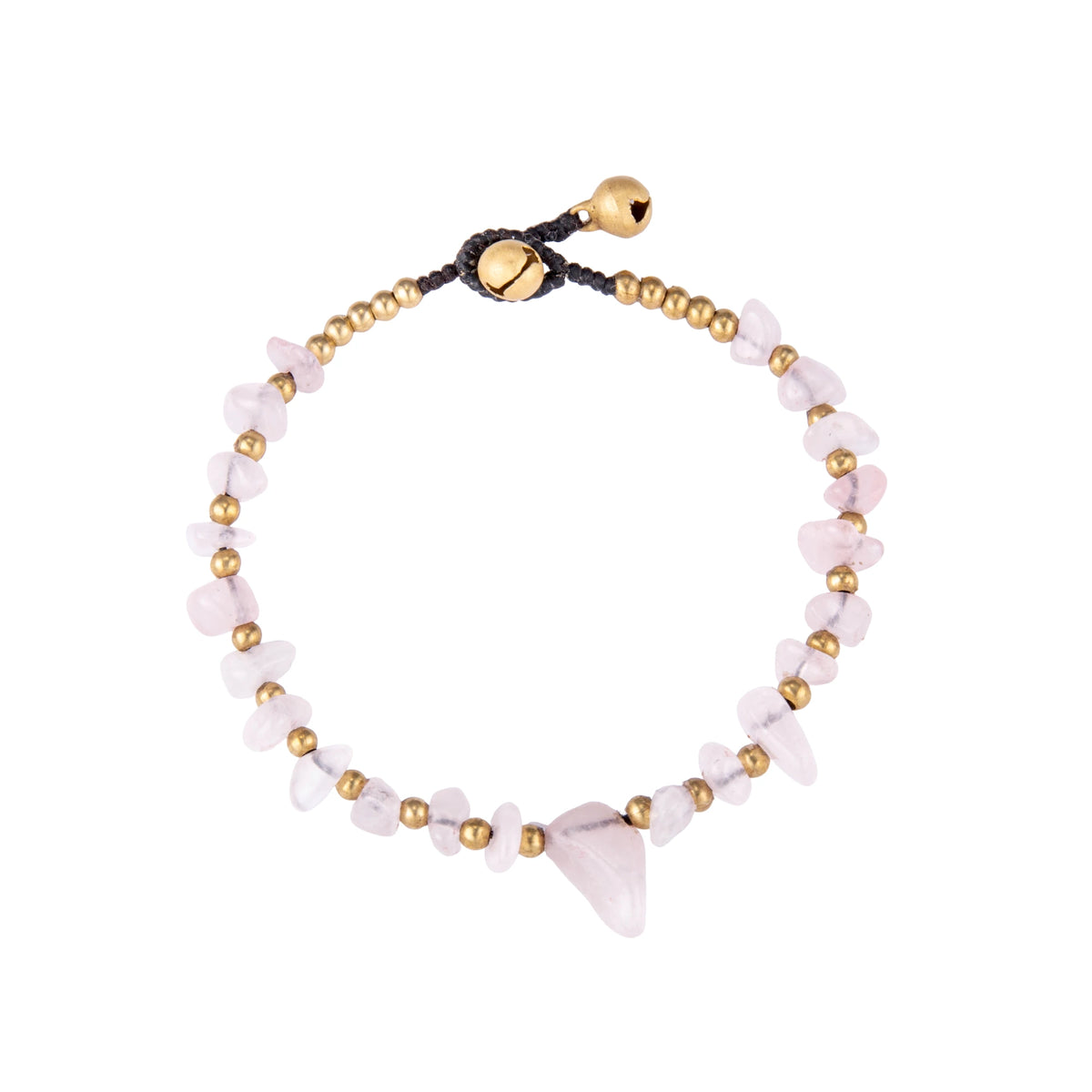 Pink bracelet featuring irregular natural stone chips with gold-tone details and a sliding cord closure, shown on a white background.