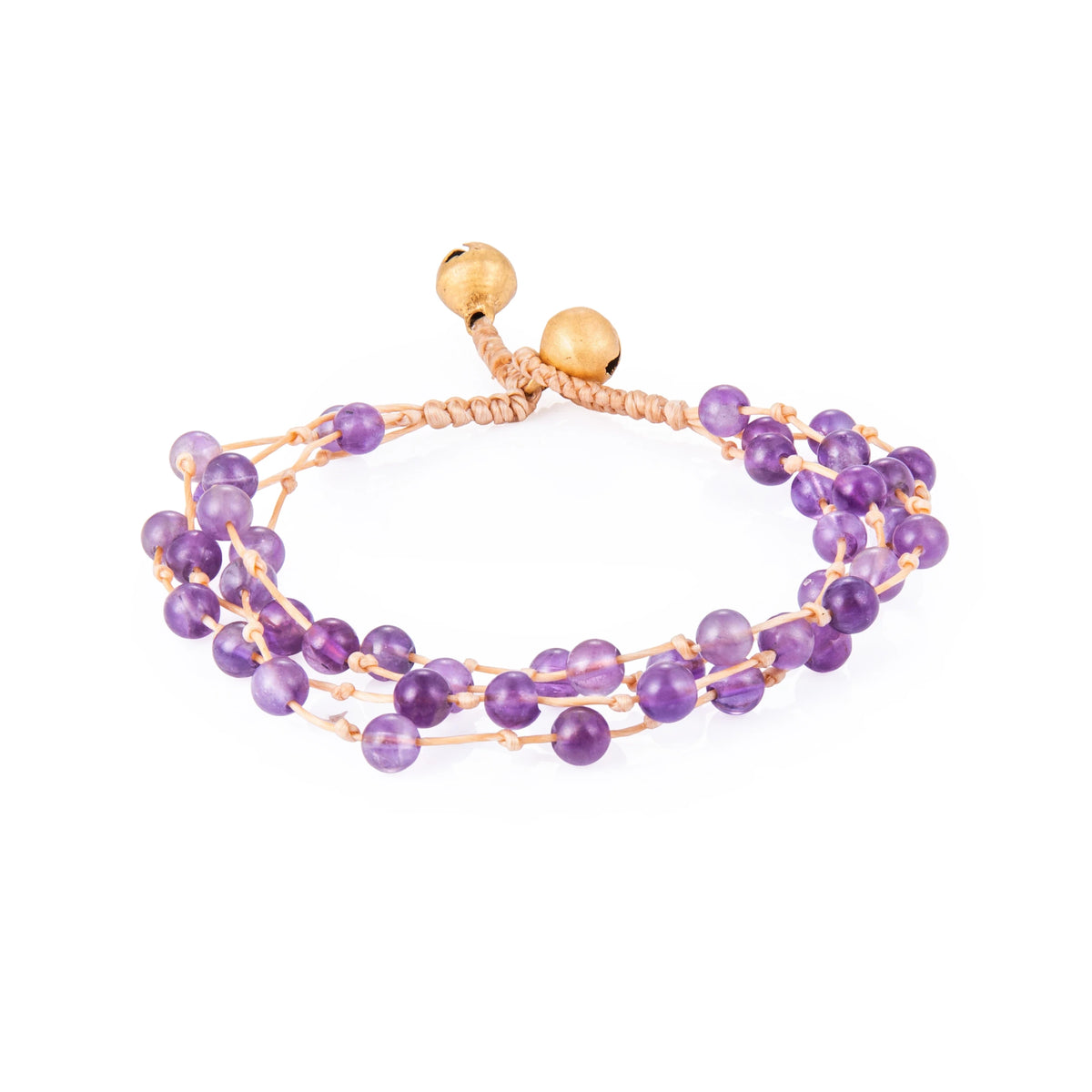 Purple bracelet featuring multiple strands of round natural stone beads and braided cord, shown on a white background.