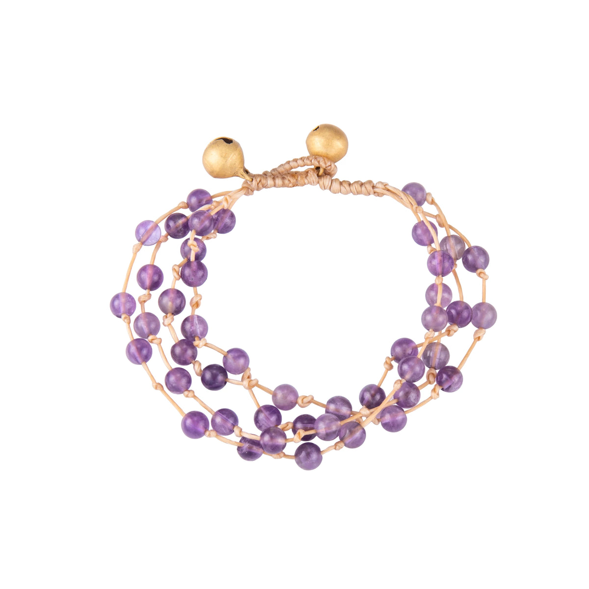 Purple bracelet featuring multiple strands of round natural stone beads and braided cord, shown on a white background.
